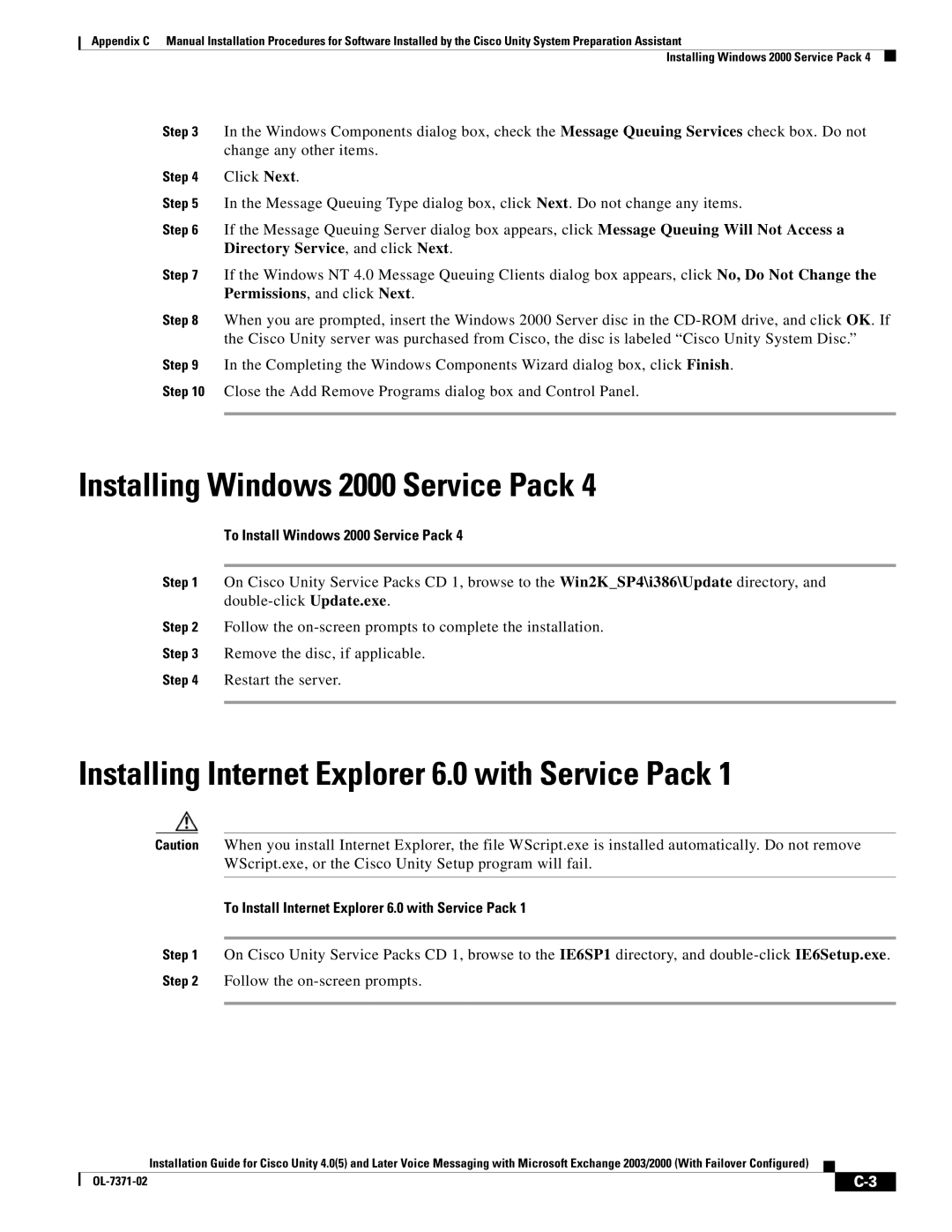 Cisco Systems OL-7371-02 manual Installing Windows 2000 Service Pack, Installing Internet Explorer 6.0 with Service Pack 