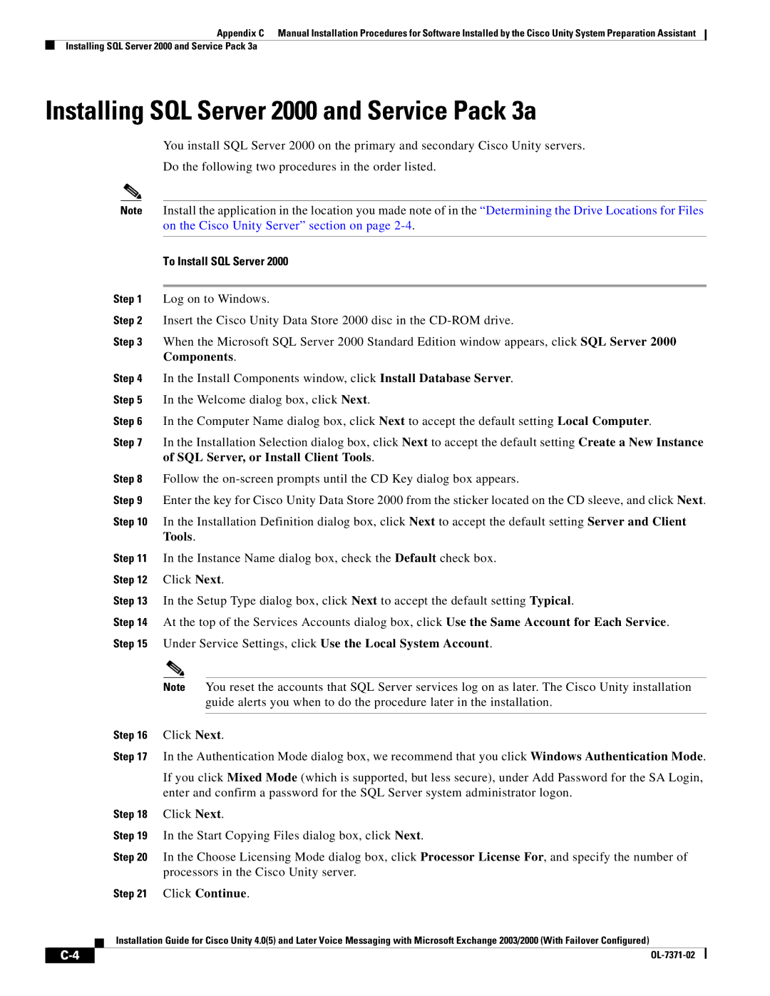 Cisco Systems OL-7371-02 manual Installing SQL Server 2000 and Service Pack 3a, To Install SQL Server 