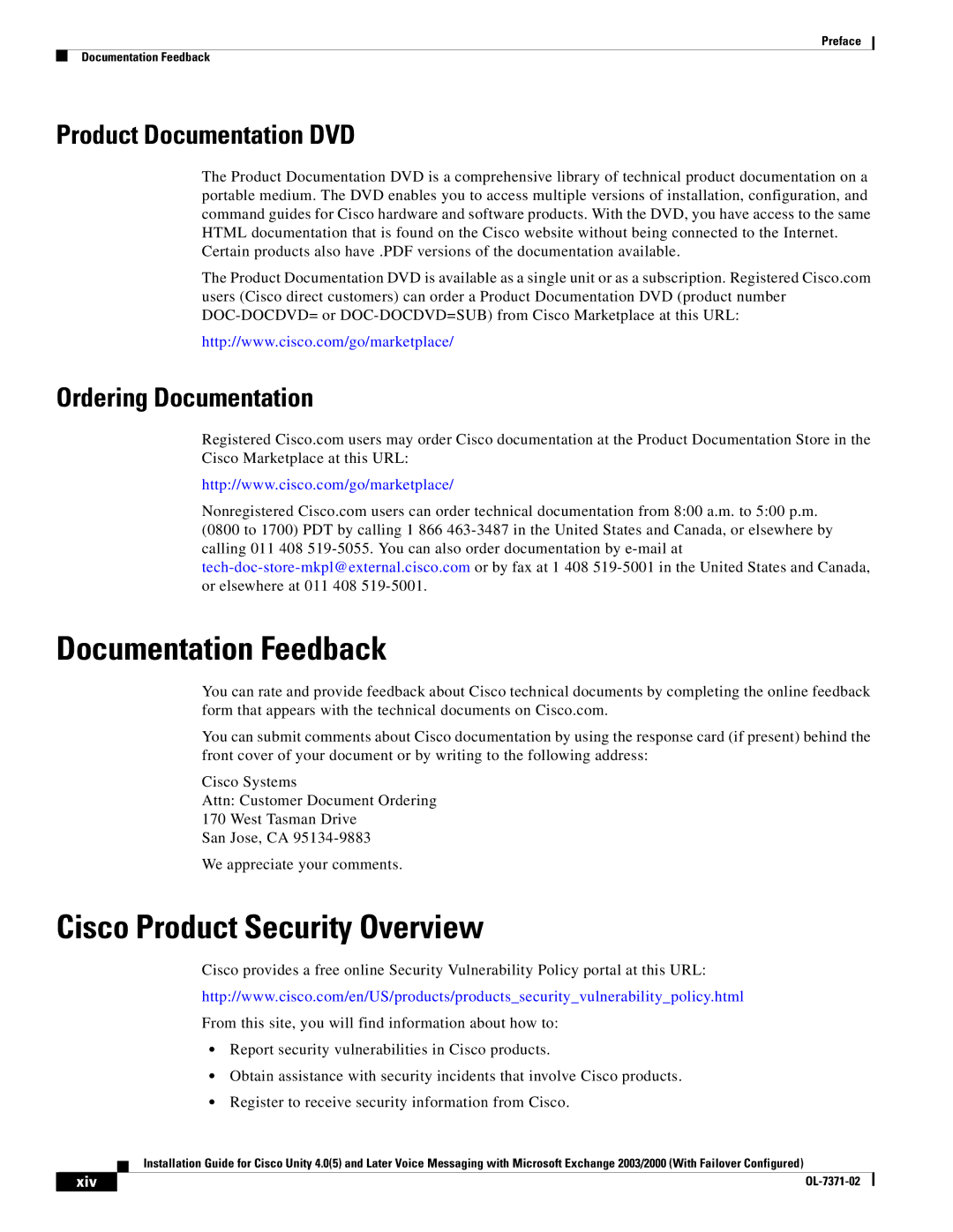 Cisco Systems OL-7371-02 manual Documentation Feedback, Cisco Product Security Overview, Product Documentation DVD, Xiv 