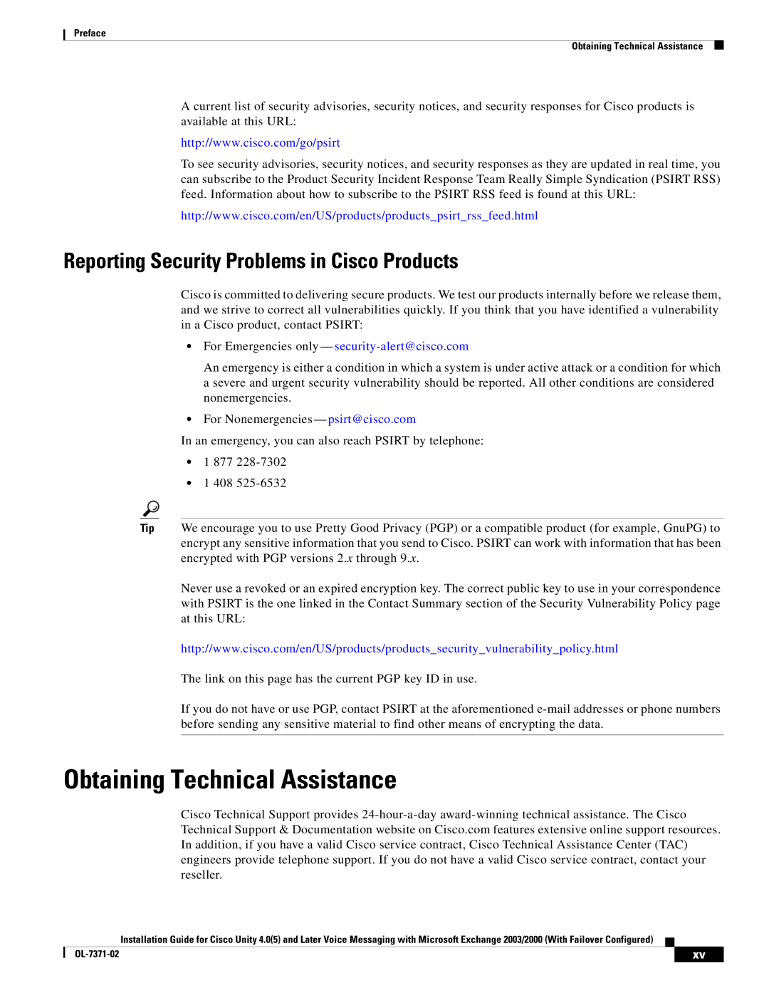 Cisco Systems OL-7371-02 manual Obtaining Technical Assistance, Reporting Security Problems in Cisco Products 