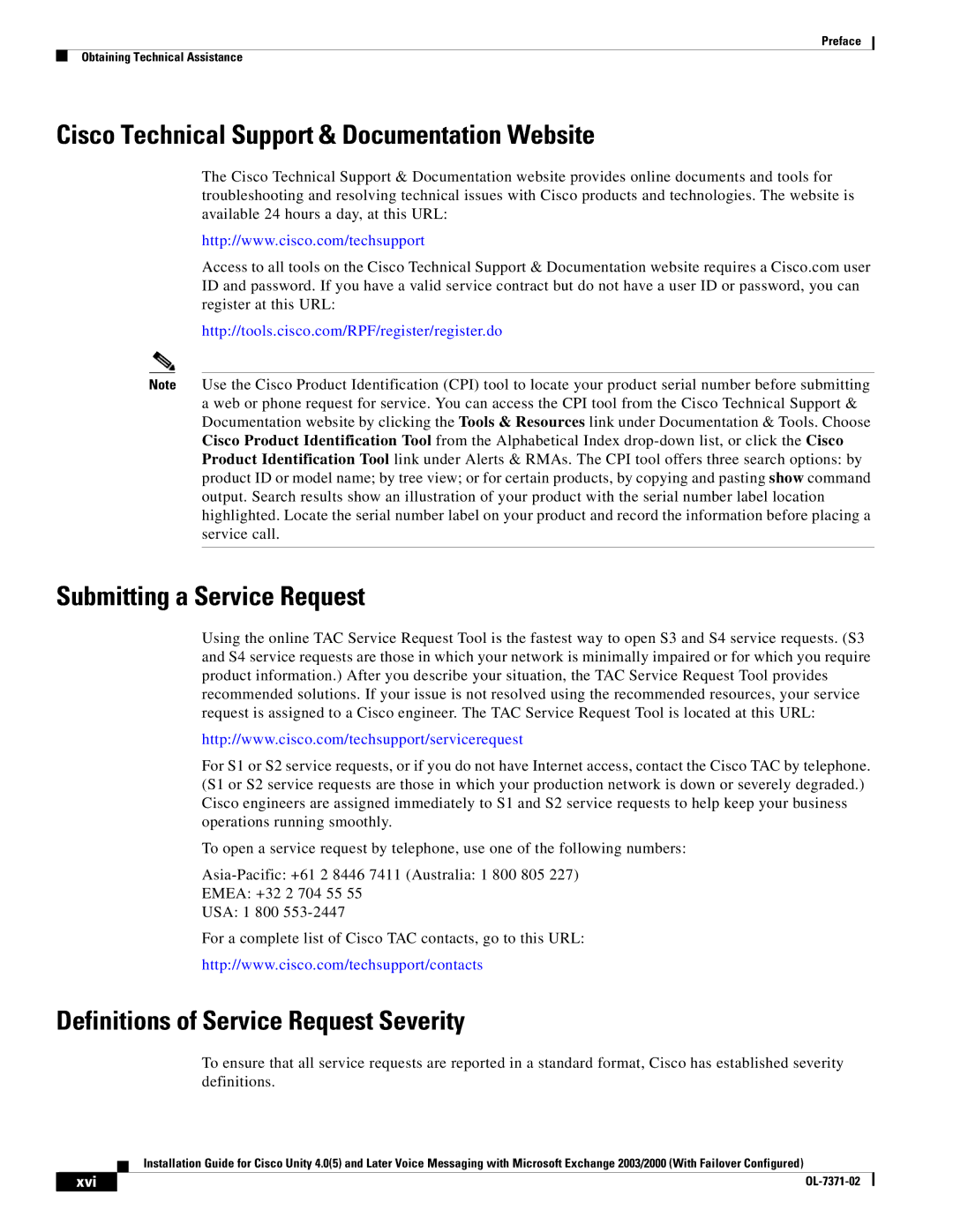 Cisco Systems OL-7371-02 manual Cisco Technical Support & Documentation Website, Submitting a Service Request, Xvi 