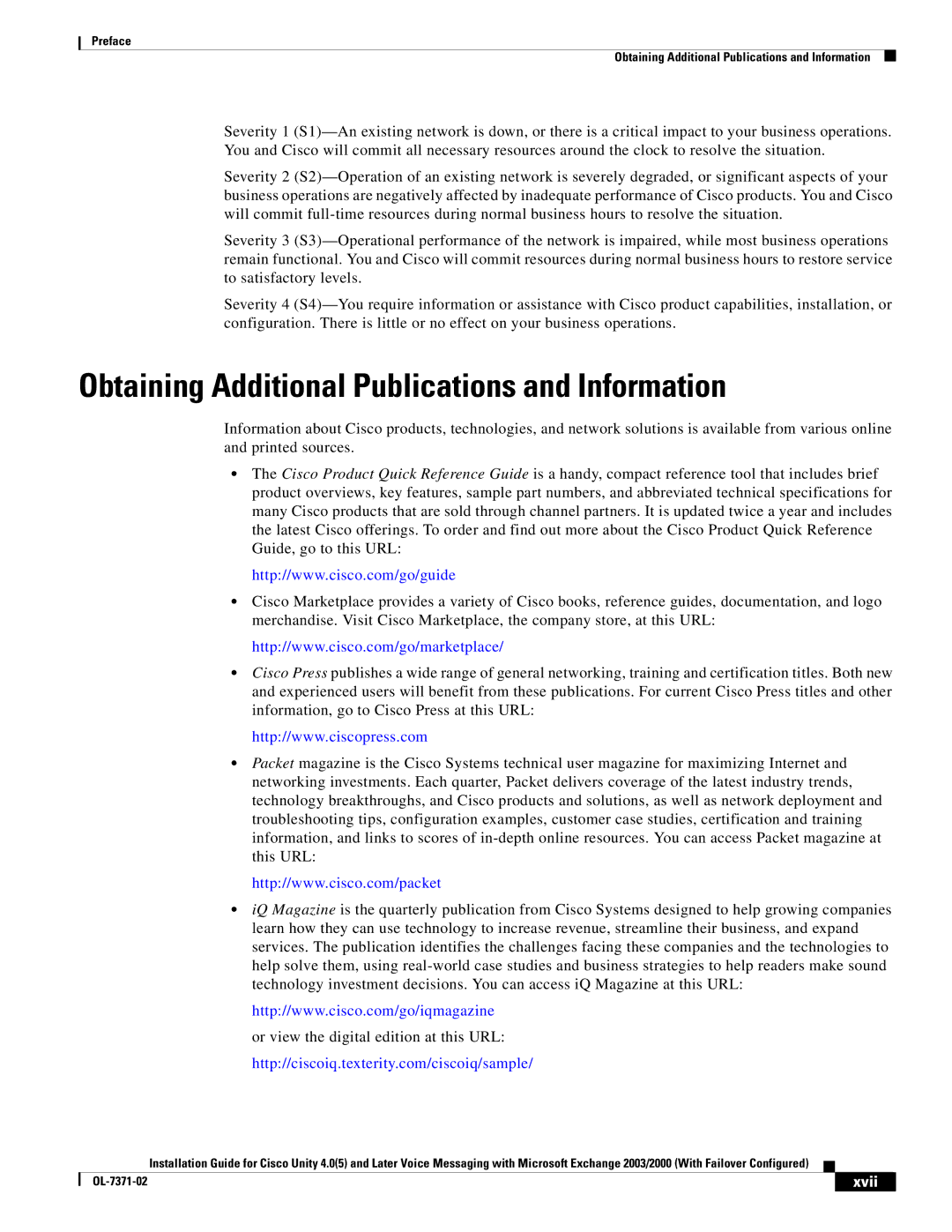 Cisco Systems OL-7371-02 manual Obtaining Additional Publications and Information, Xvii 