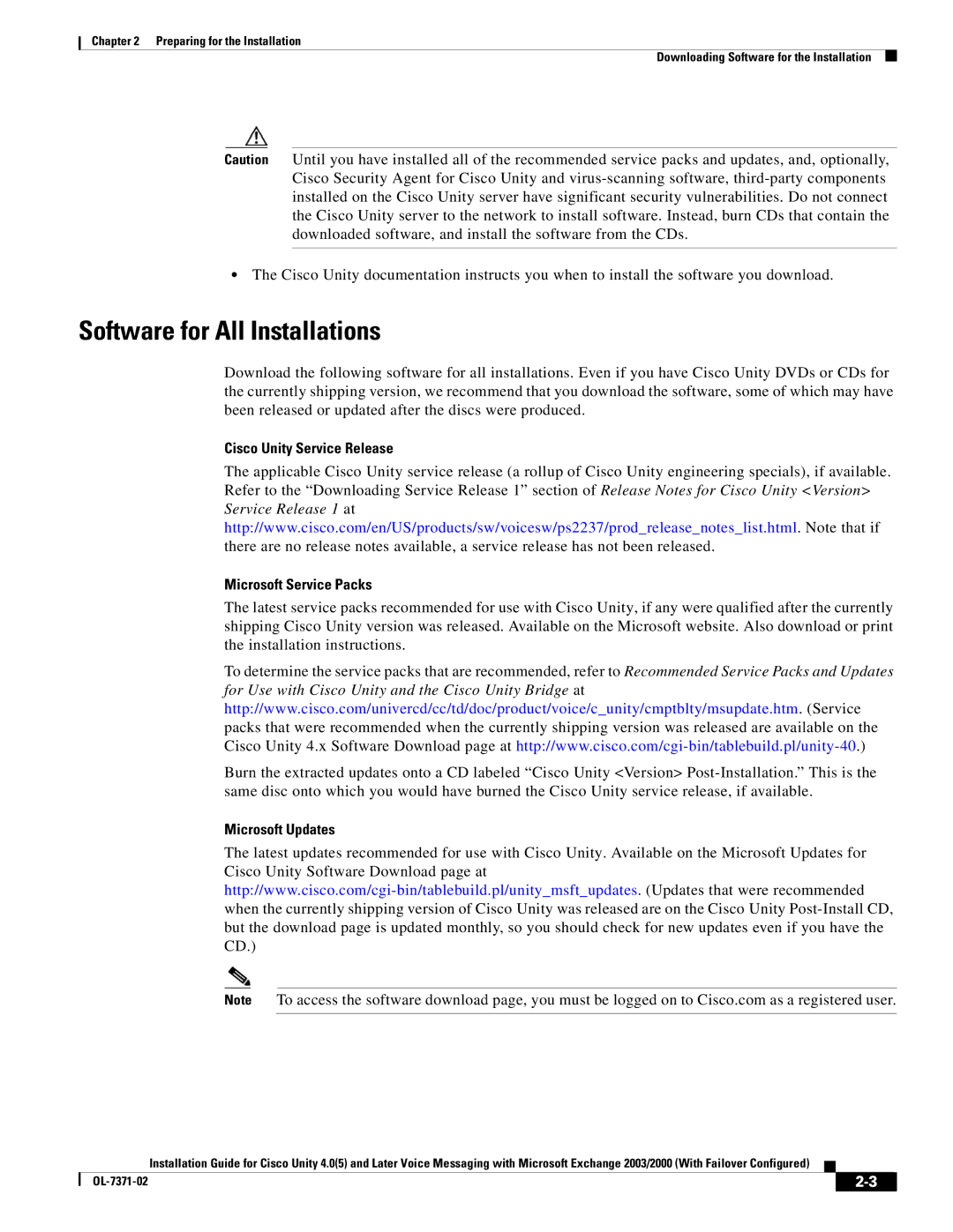 Cisco Systems OL-7371-02 manual Software for All Installations, Cisco Unity Service Release Microsoft Service Packs 