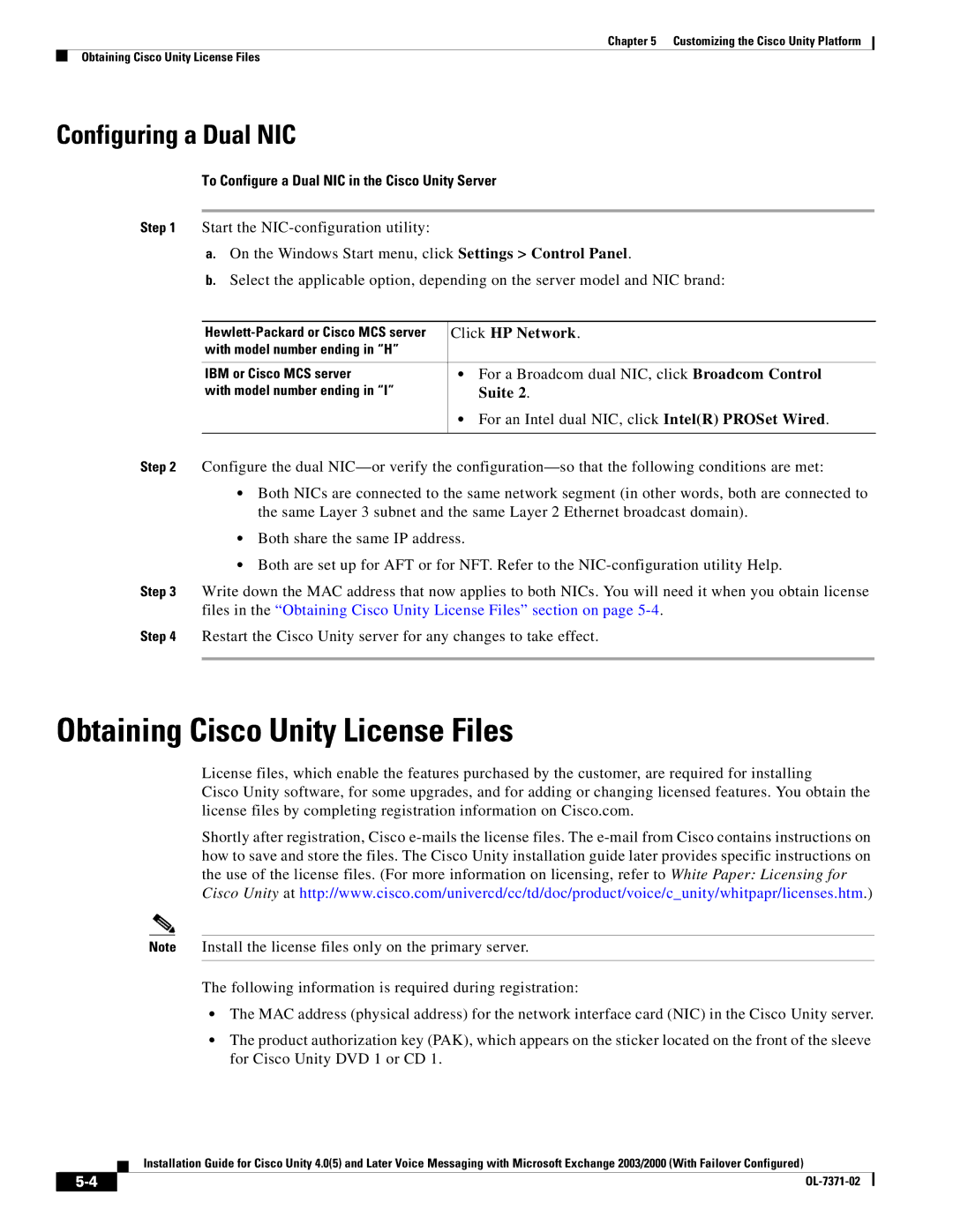 Cisco Systems OL-7371-02 manual Obtaining Cisco Unity License Files, Configuring a Dual NIC, Click HP Network, Suite 