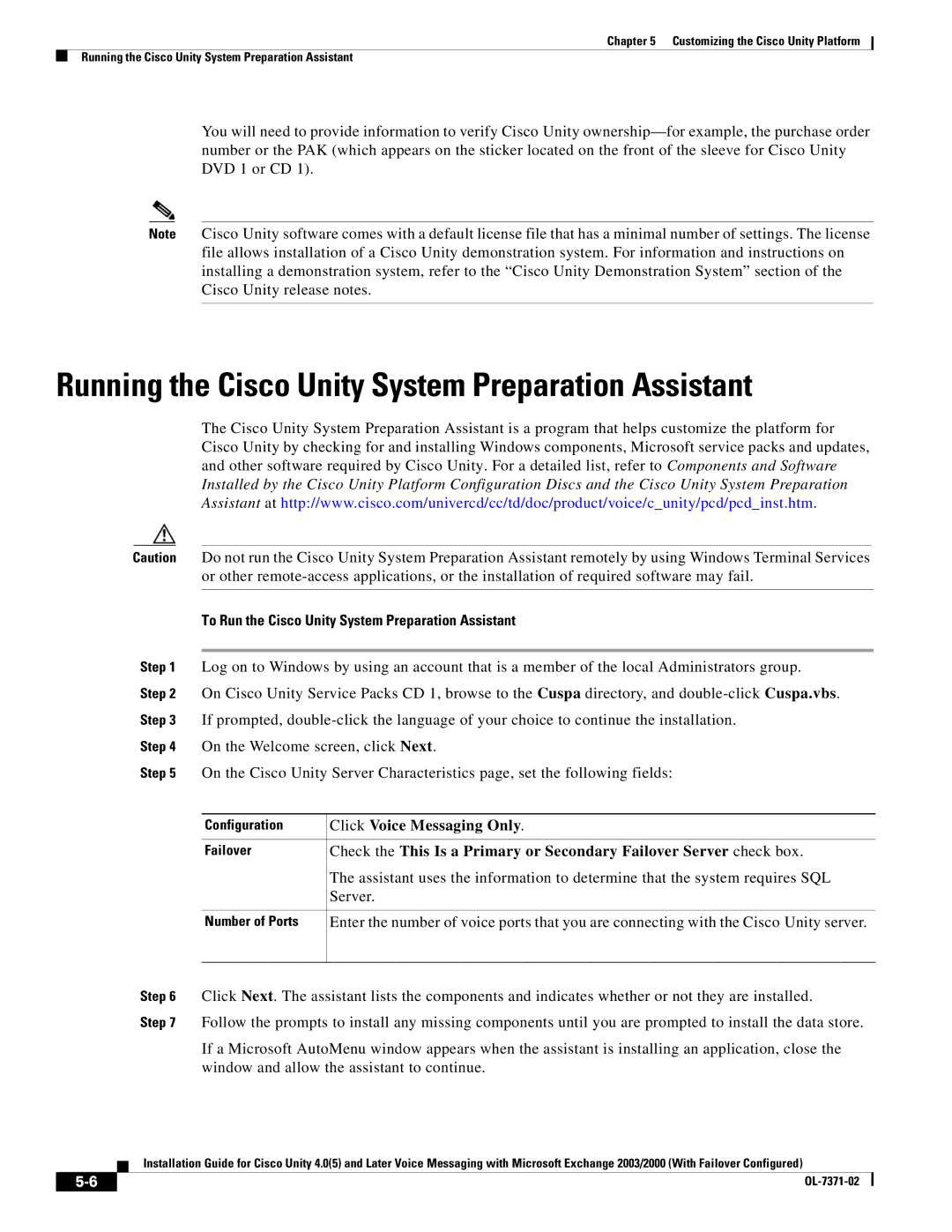 Cisco Systems OL-7371-02 manual Running the Cisco Unity System Preparation Assistant, Click Voice Messaging Only 