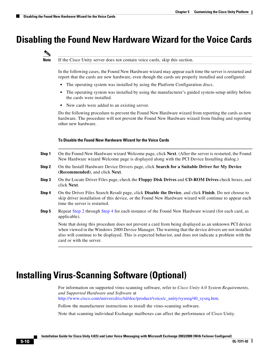 Cisco Systems OL-7371-02 manual Installing Virus-Scanning Software Optional 