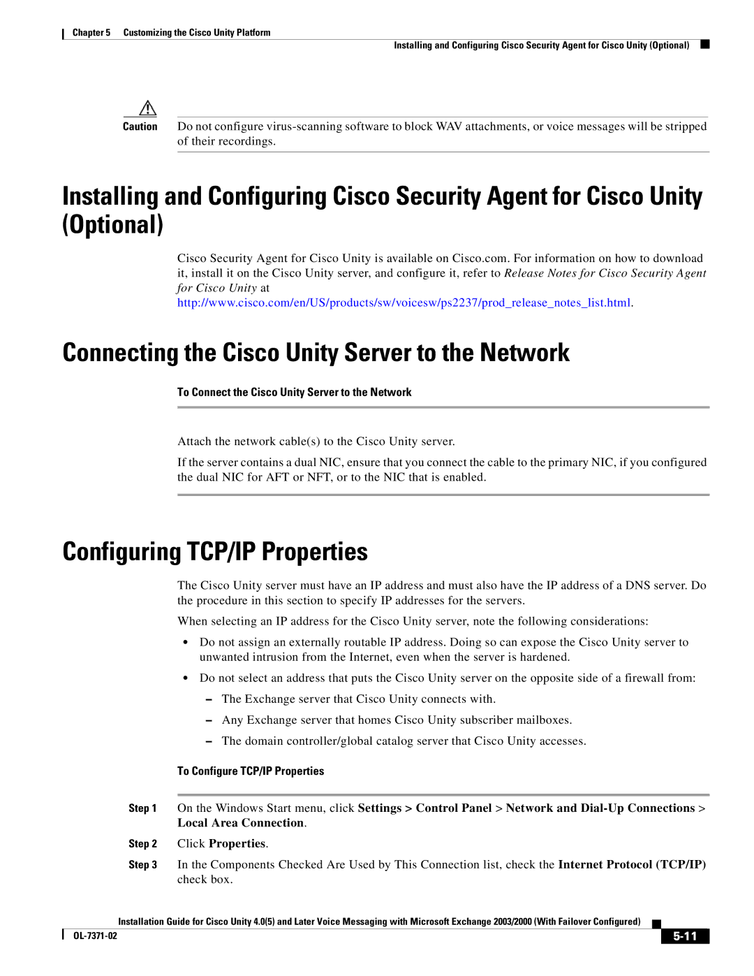 Cisco Systems OL-7371-02 manual Configuring TCP/IP Properties, To Connect the Cisco Unity Server to the Network 