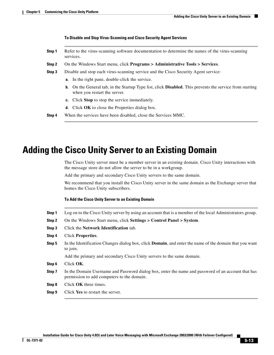 Cisco Systems OL-7371-02 manual Adding the Cisco Unity Server to an Existing Domain 