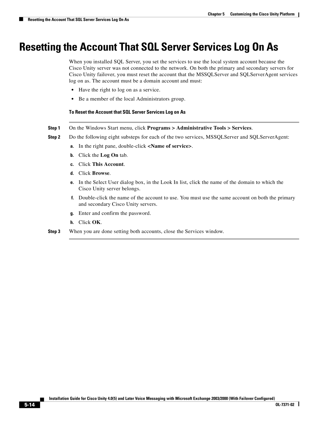 Cisco Systems OL-7371-02 manual To Reset the Account that SQL Server Services Log on As, Click This Account 