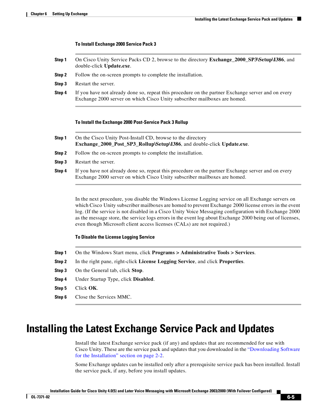 Cisco Systems OL-7371-02 To Install Exchange 2000 Service Pack, To Install the Exchange 2000 Post-Service Pack 3 Rollup 