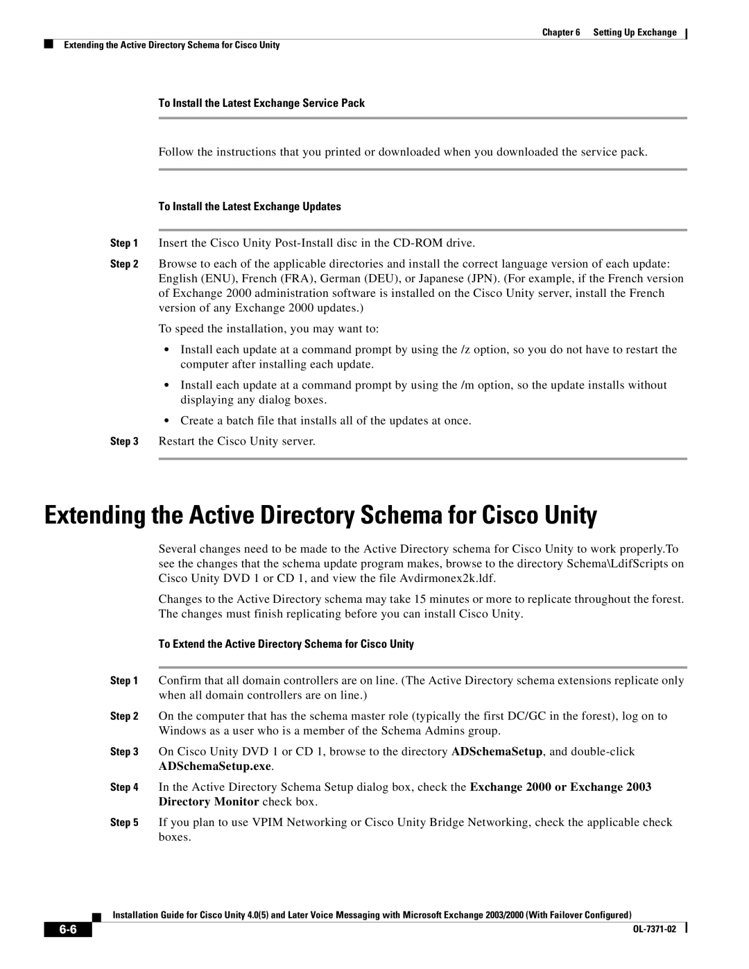 Cisco Systems OL-7371-02 Extending the Active Directory Schema for Cisco Unity, To Install the Latest Exchange Updates 