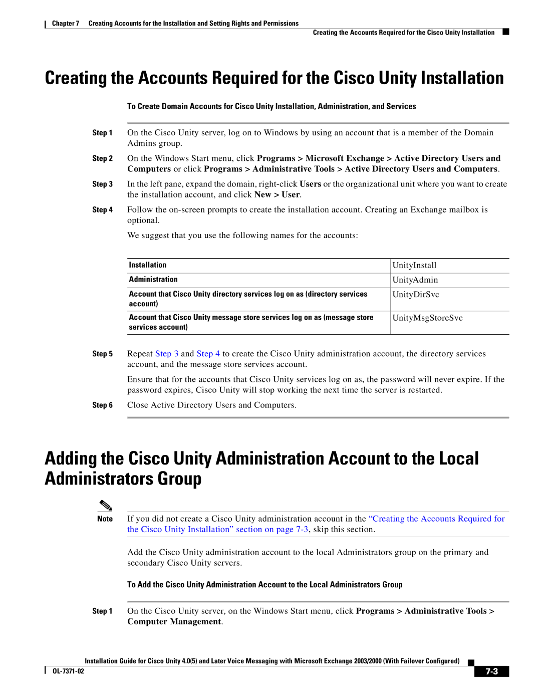 Cisco Systems OL-7371-02 manual UnityInstall, UnityAdmin, UnityDirSvc, UnityMsgStoreSvc, Computer Management 