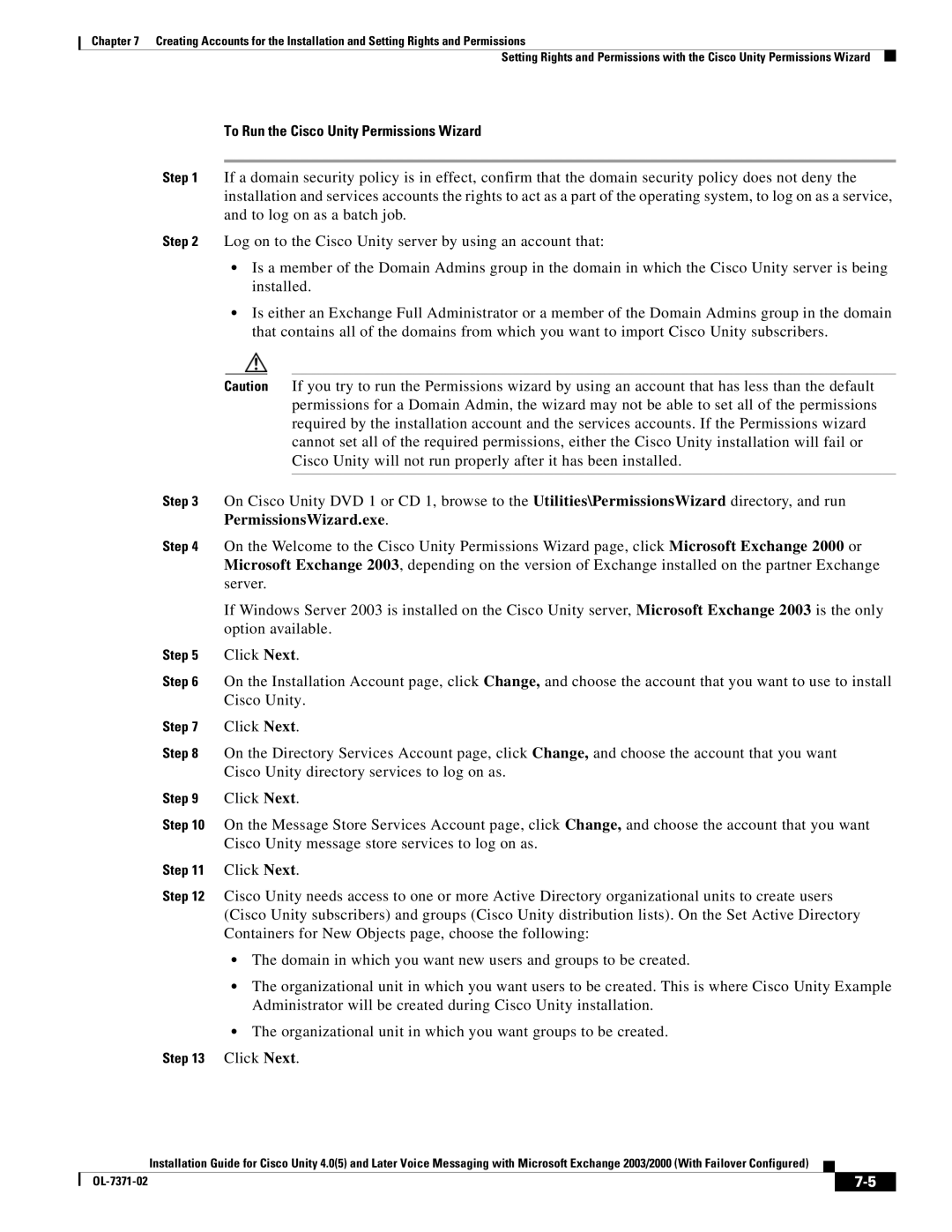 Cisco Systems OL-7371-02 manual To Run the Cisco Unity Permissions Wizard 