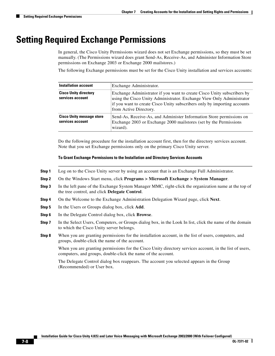 Cisco Systems OL-7371-02 manual Setting Required Exchange Permissions 