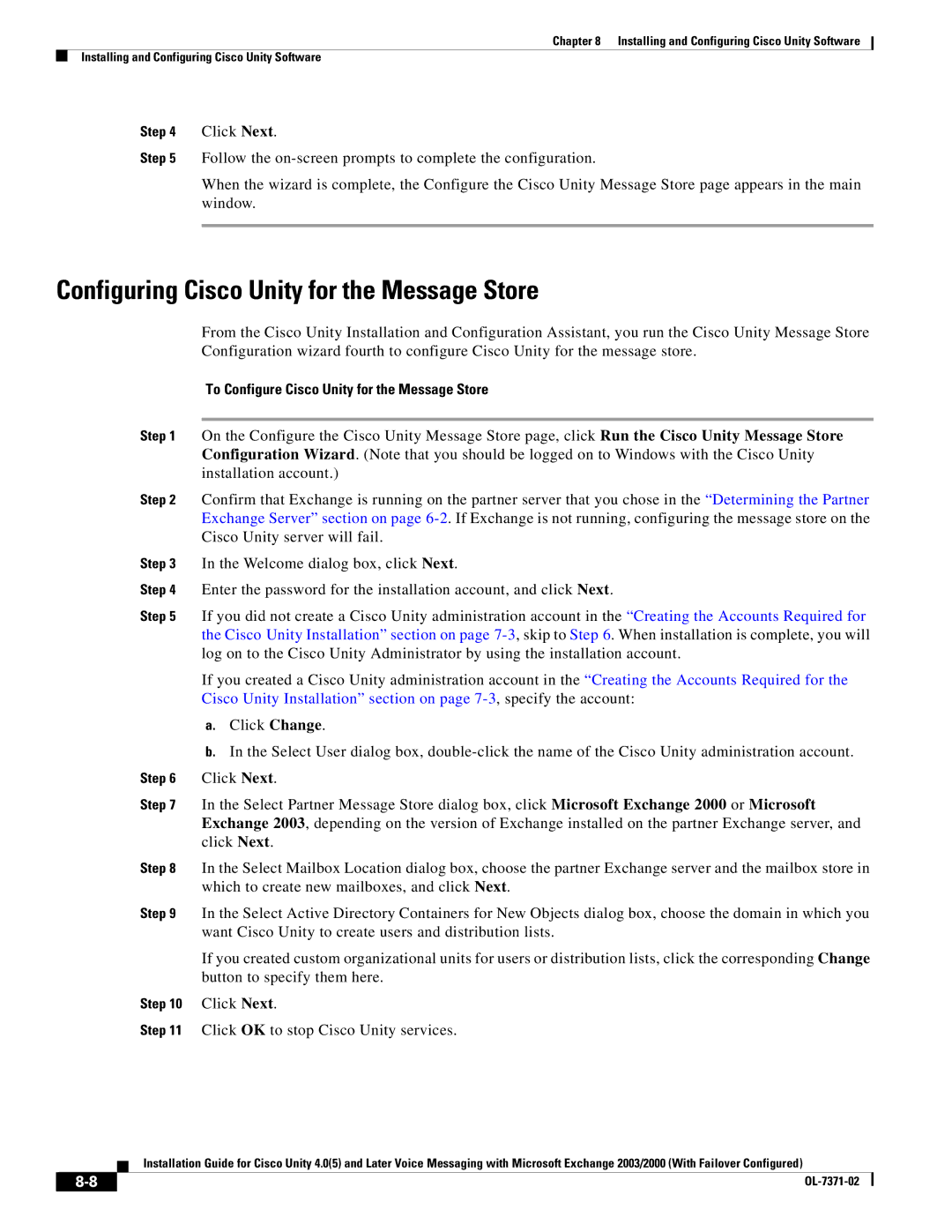 Cisco Systems OL-7371-02 Configuring Cisco Unity for the Message Store, To Configure Cisco Unity for the Message Store 