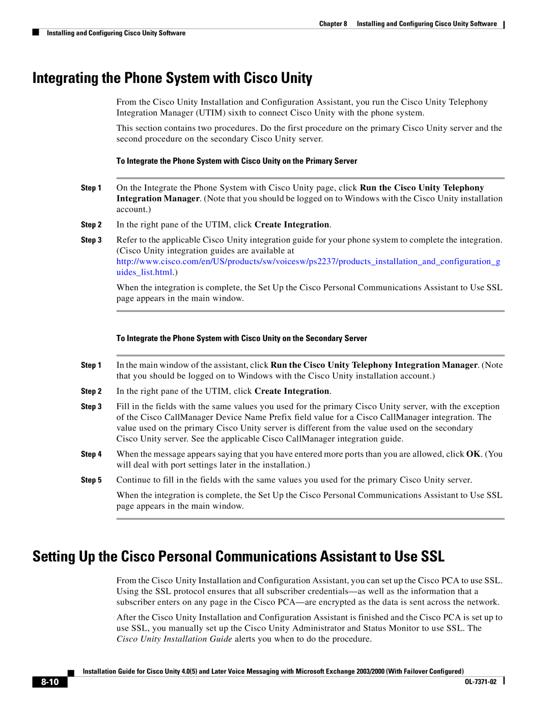 Cisco Systems OL-7371-02 manual Integrating the Phone System with Cisco Unity 