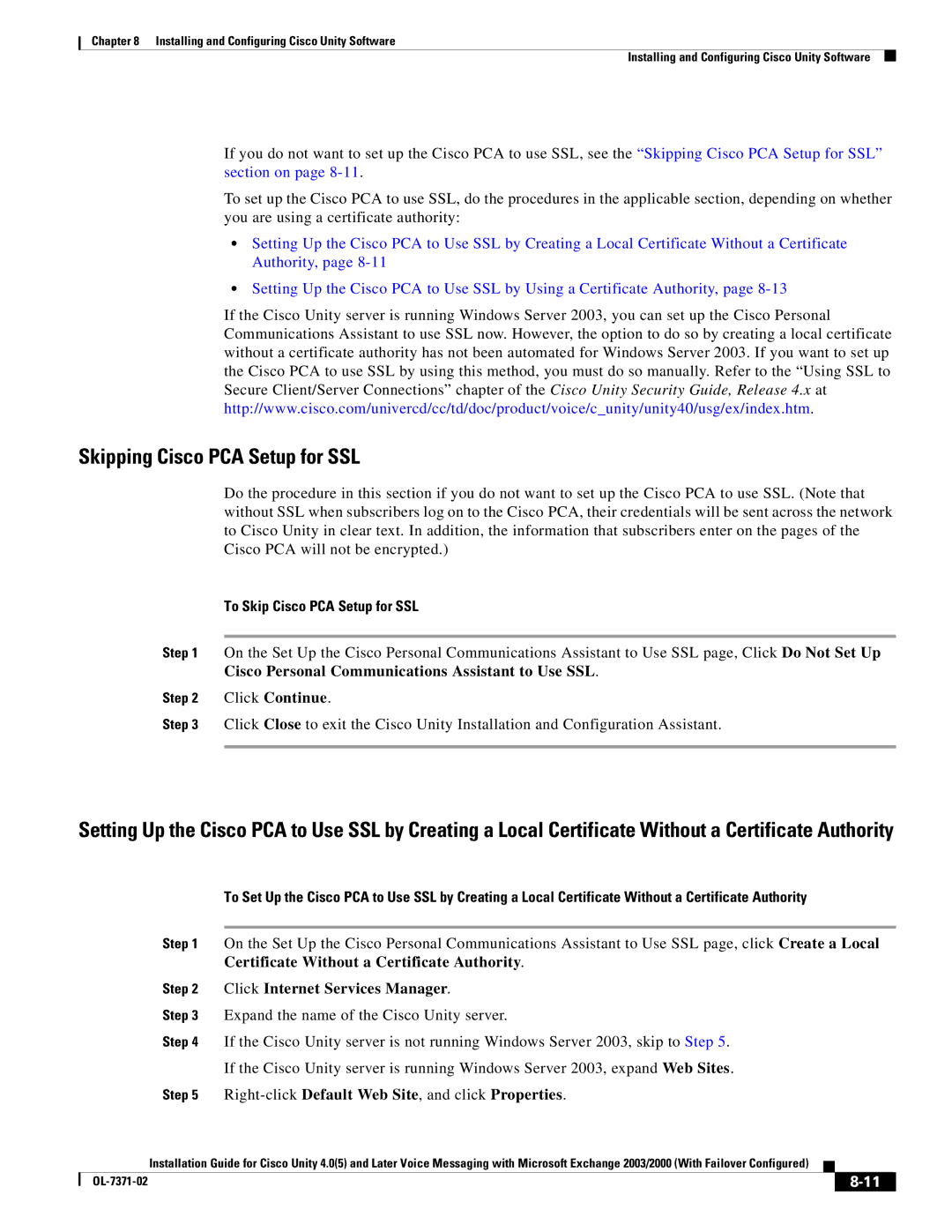 Cisco Systems OL-7371-02 manual To Skip Cisco PCA Setup for SSL, Right-clickDefault Web Site, and click Properties 