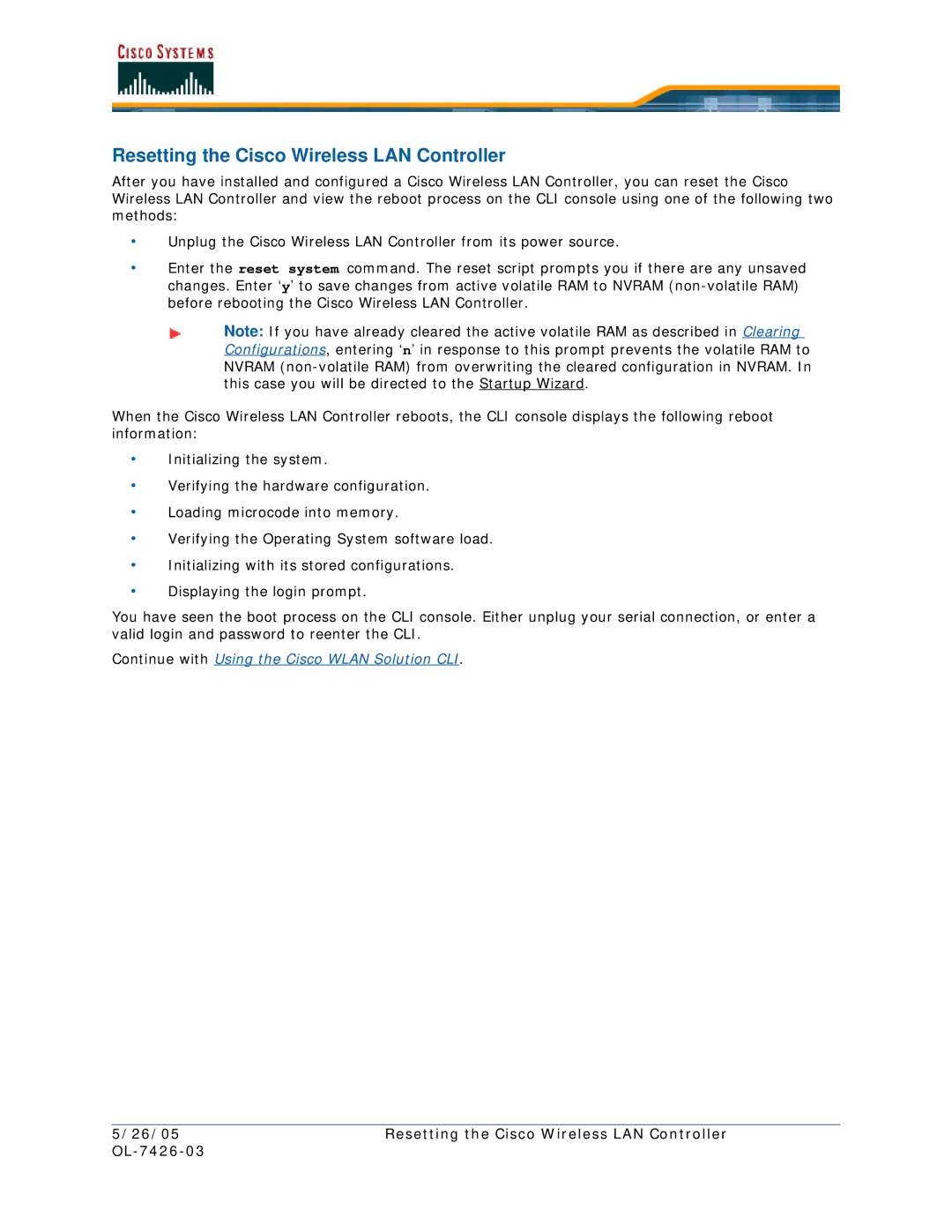 Cisco Systems OL-7426-03 quick start Resetting the Cisco Wireless LAN Controller 