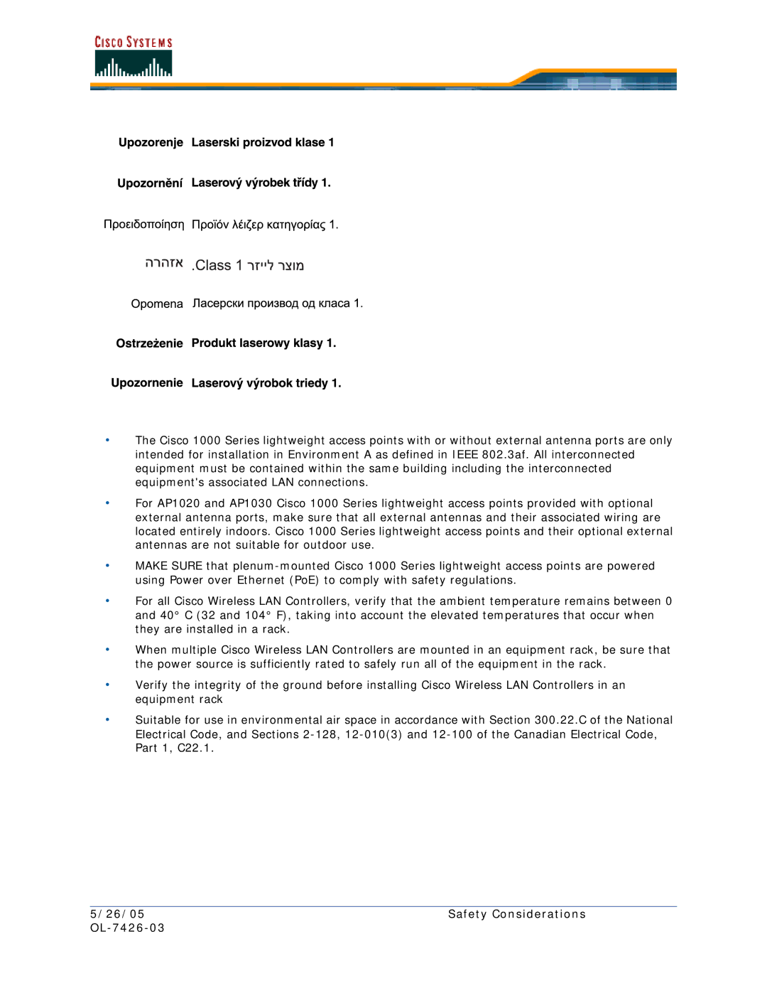 Cisco Systems quick start 26/05 Safety Considerations OL-7426-03 