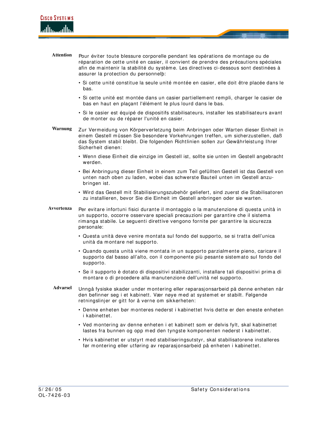 Cisco Systems quick start 26/05 Safety Considerations OL-7426-03 