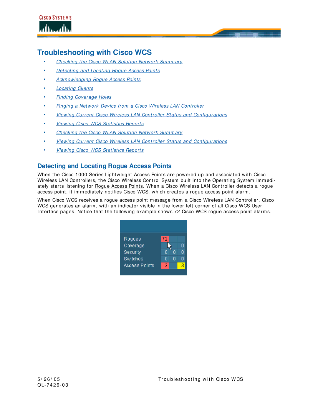 Cisco Systems OL-7426-03 quick start Troubleshooting with Cisco WCS, Detecting and Locating Rogue Access Points 