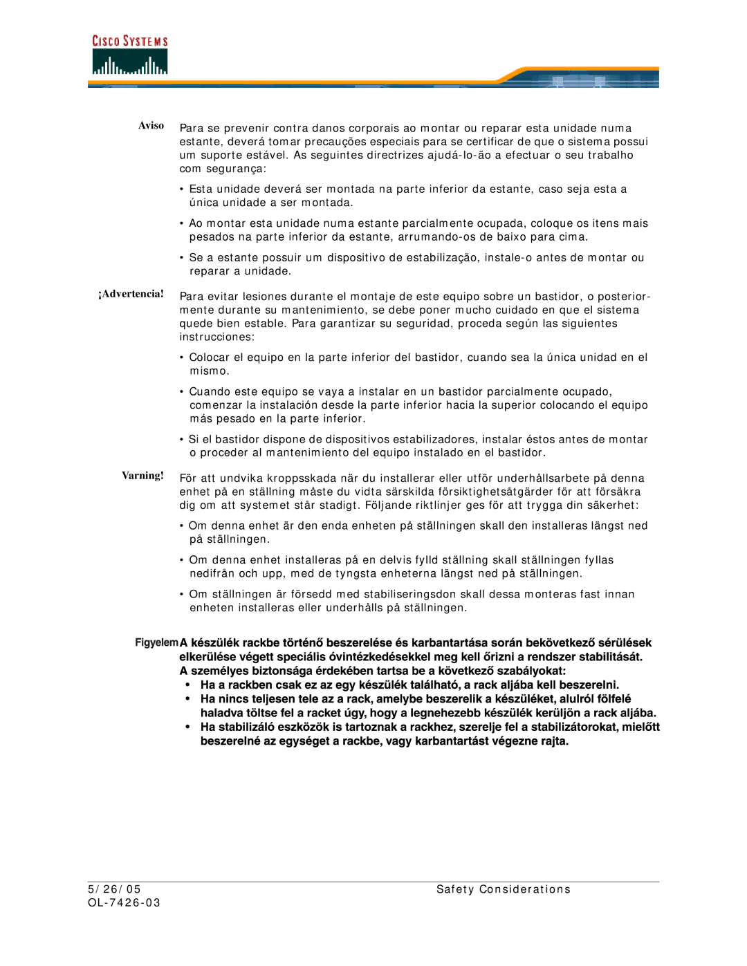 Cisco Systems quick start 26/05 Safety Considerations OL-7426-03 