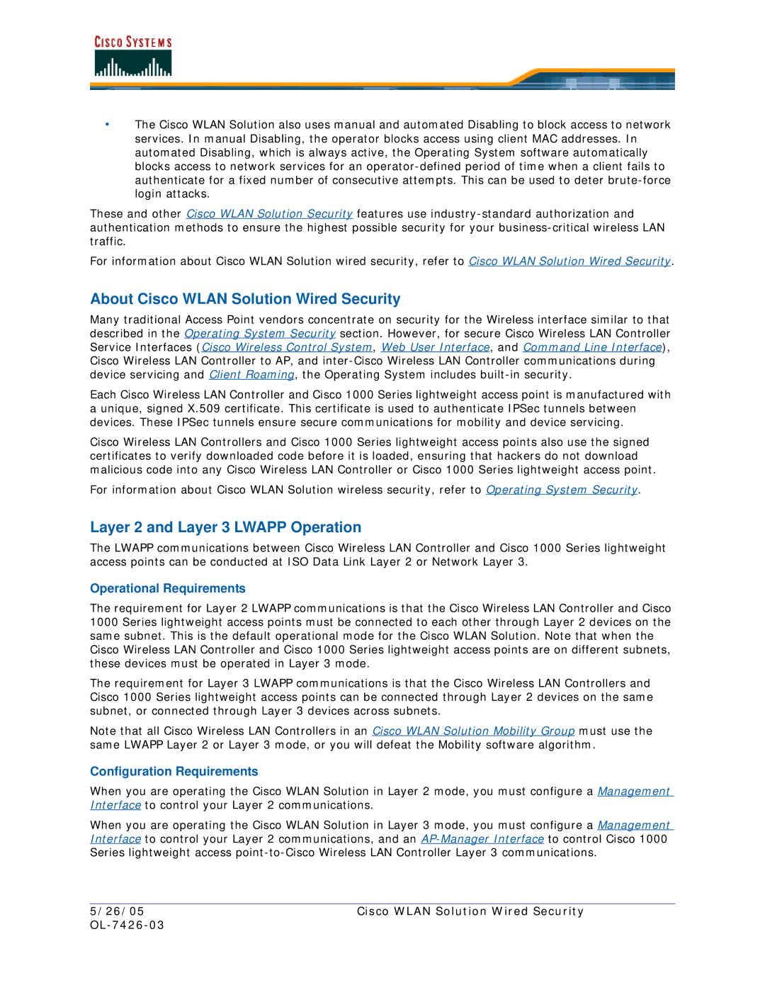 Cisco Systems OL-7426-03 quick start About Cisco Wlan Solution Wired Security, Layer 2 and Layer 3 Lwapp Operation 