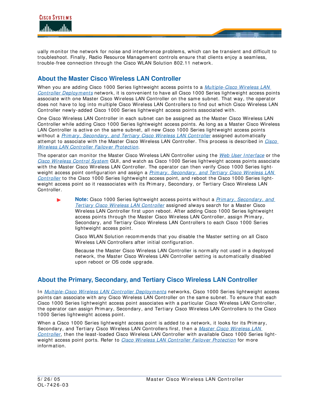 Cisco Systems OL-7426-03 quick start About the Master Cisco Wireless LAN Controller 
