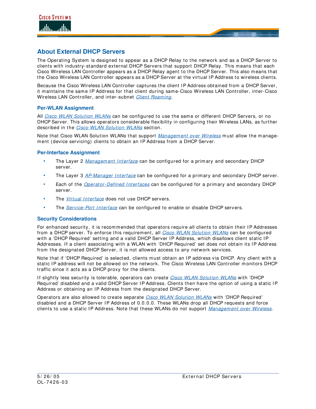 Cisco Systems OL-7426-03 quick start About External Dhcp Servers, Per-WLAN Assignment, Per-Interface Assignment 