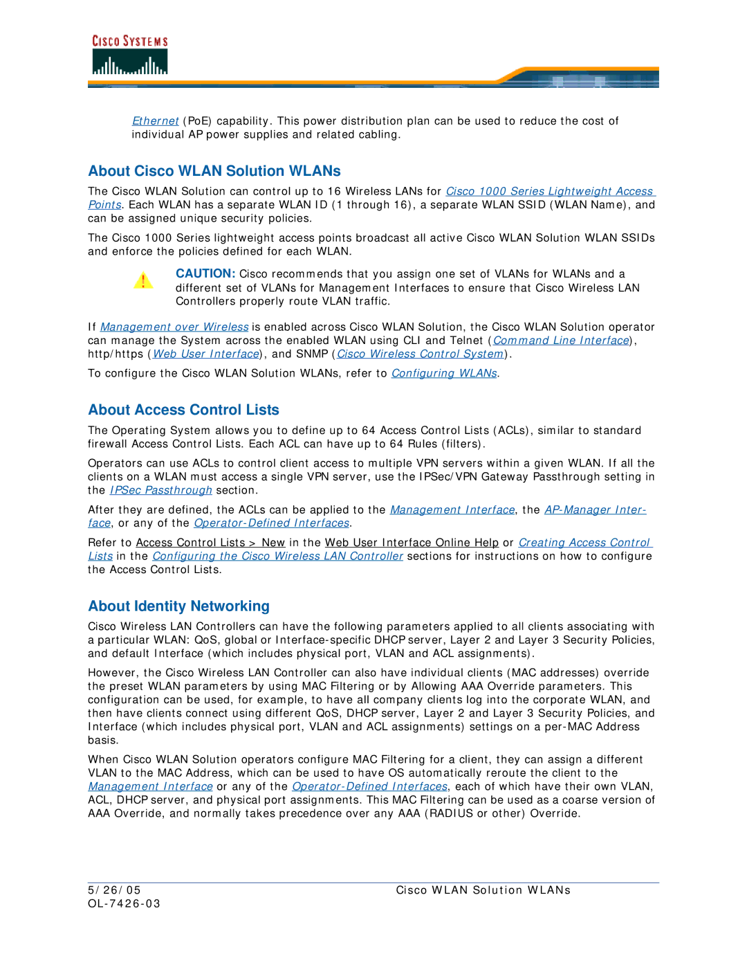 Cisco Systems OL-7426-03 quick start About Cisco Wlan Solution WLANs, About Access Control Lists, About Identity Networking 