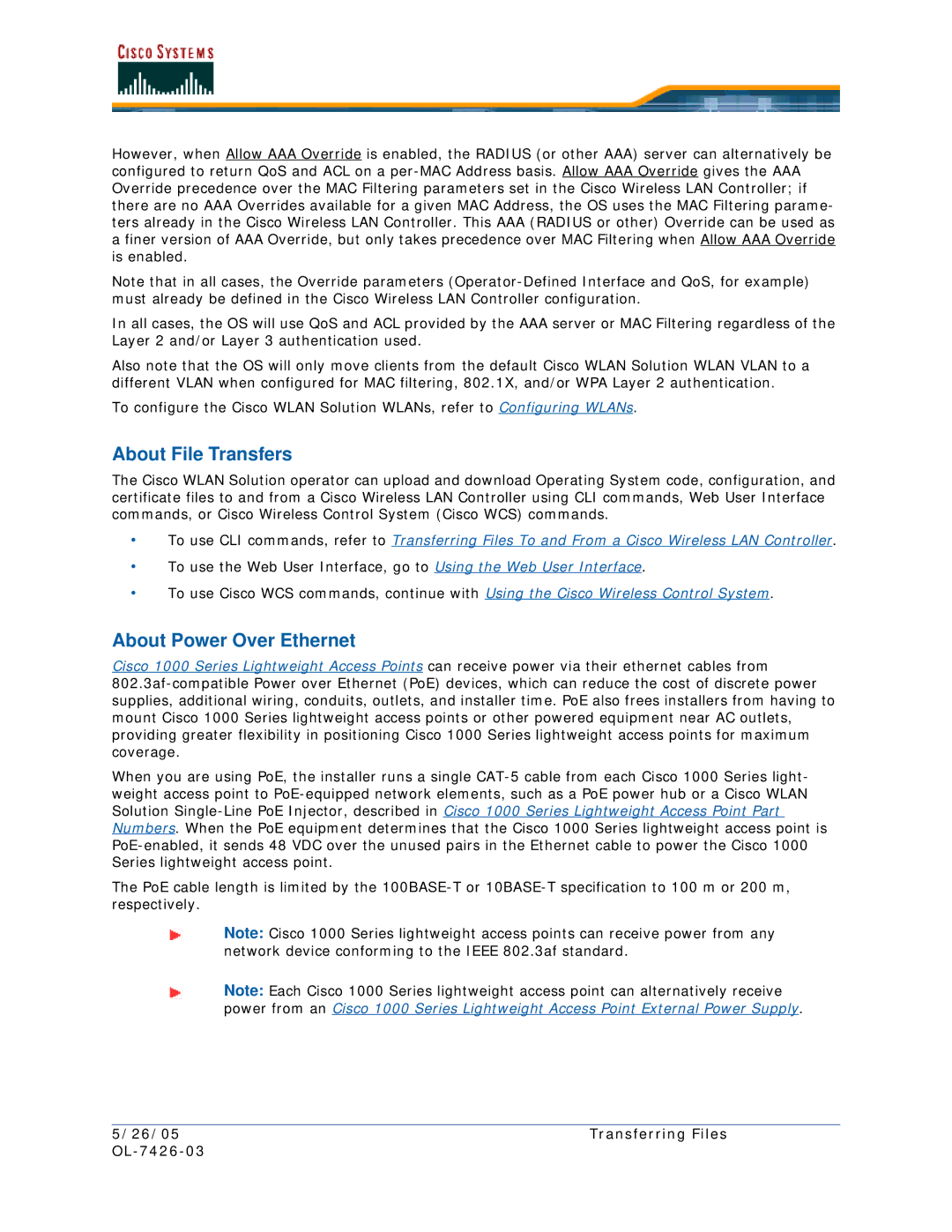 Cisco Systems quick start About File Transfers, About Power Over Ethernet, 26/05 Transferring Files OL-7426-03 