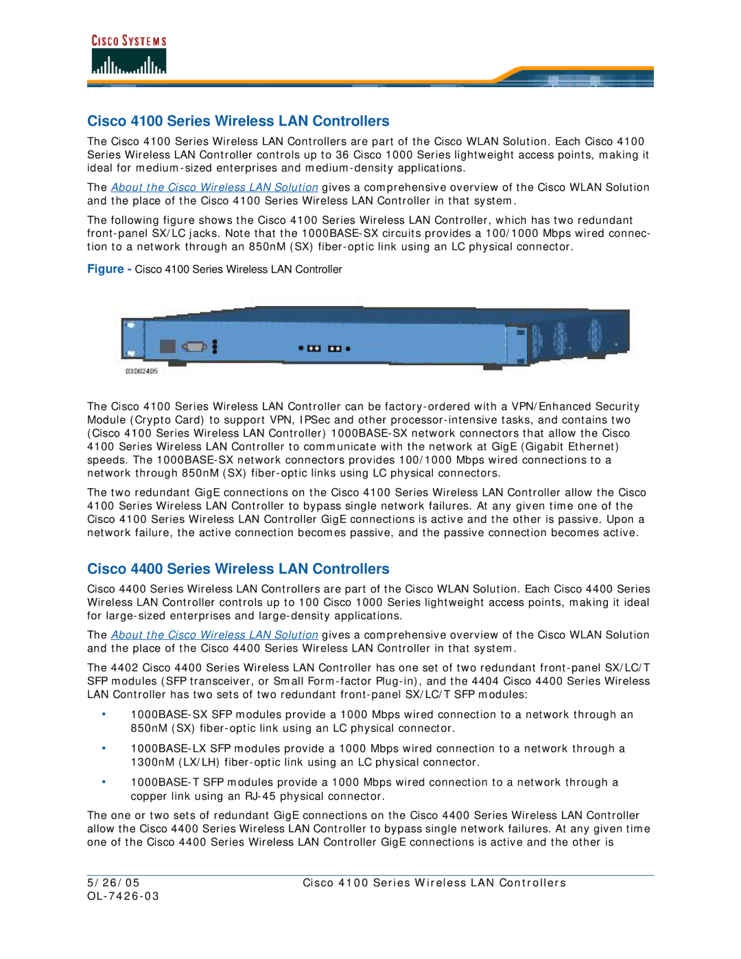 Cisco Systems OL-7426-03 quick start Cisco 4100 Series Wireless LAN Controllers, Cisco 4400 Series Wireless LAN Controllers 