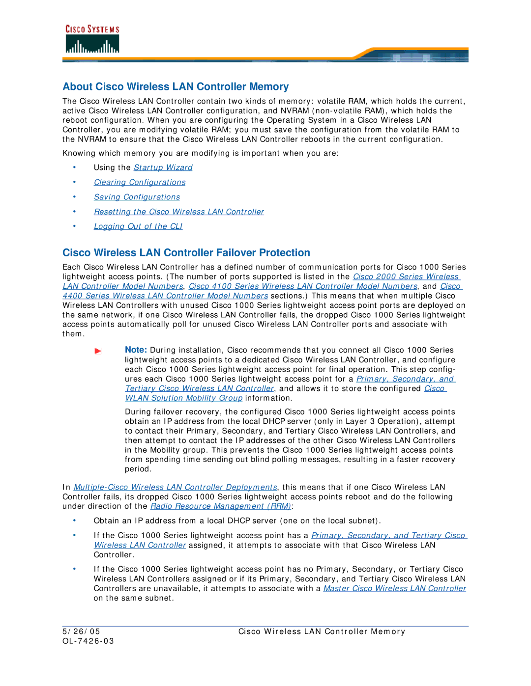 Cisco Systems OL-7426-03 About Cisco Wireless LAN Controller Memory, Cisco Wireless LAN Controller Failover Protection 