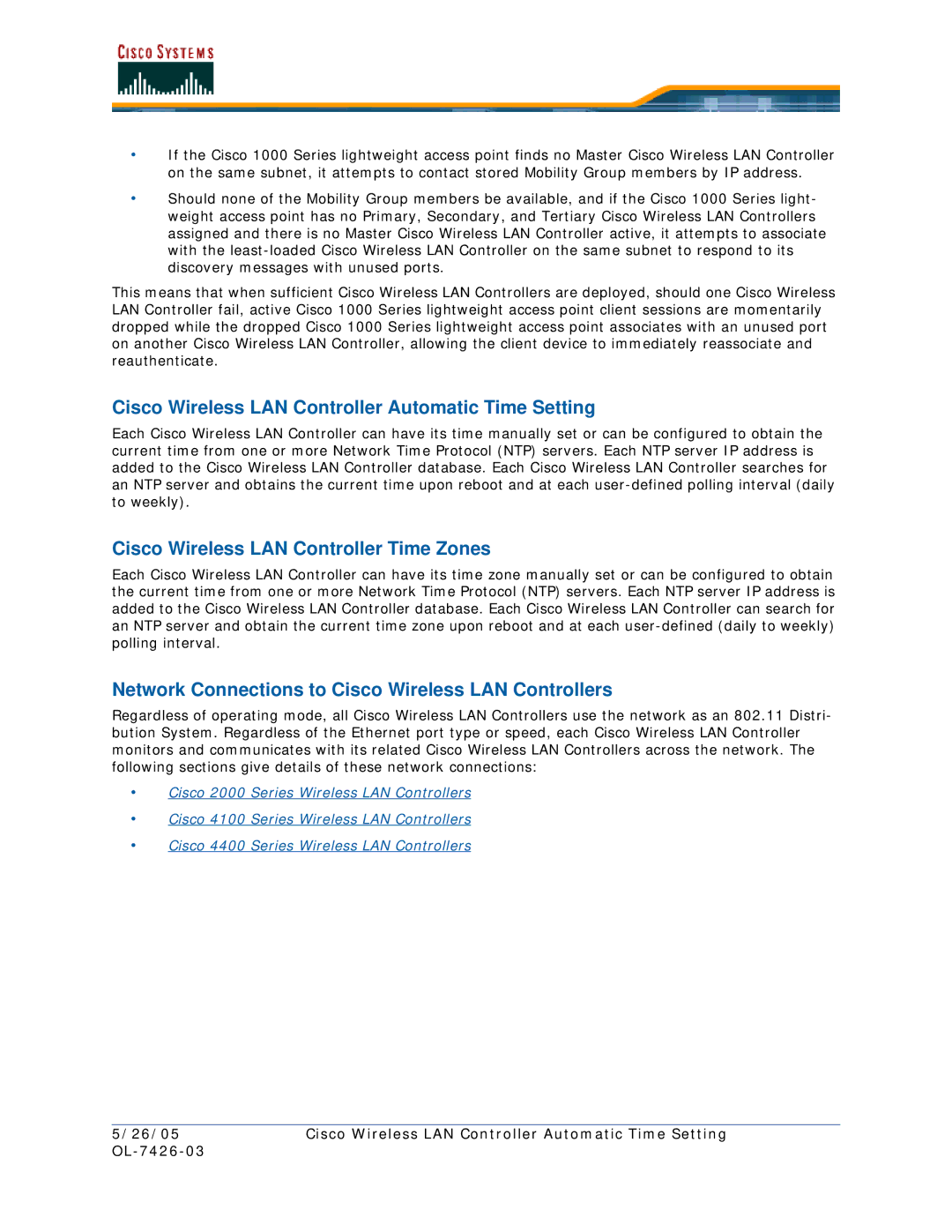 Cisco Systems OL-7426-03 Cisco Wireless LAN Controller Automatic Time Setting, Cisco Wireless LAN Controller Time Zones 