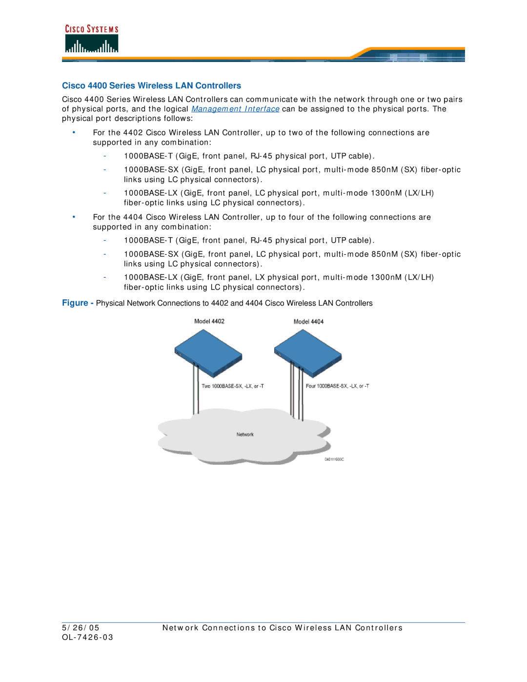 Cisco Systems OL-7426-03 quick start Cisco 4400 Series Wireless LAN Controllers 