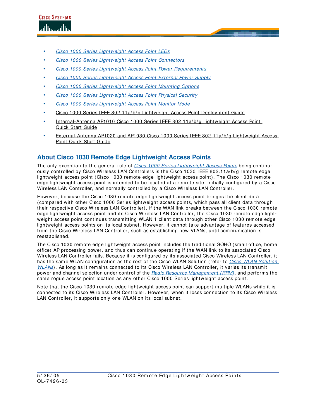 Cisco Systems OL-7426-03 quick start About Cisco 1030 Remote Edge Lightweight Access Points 