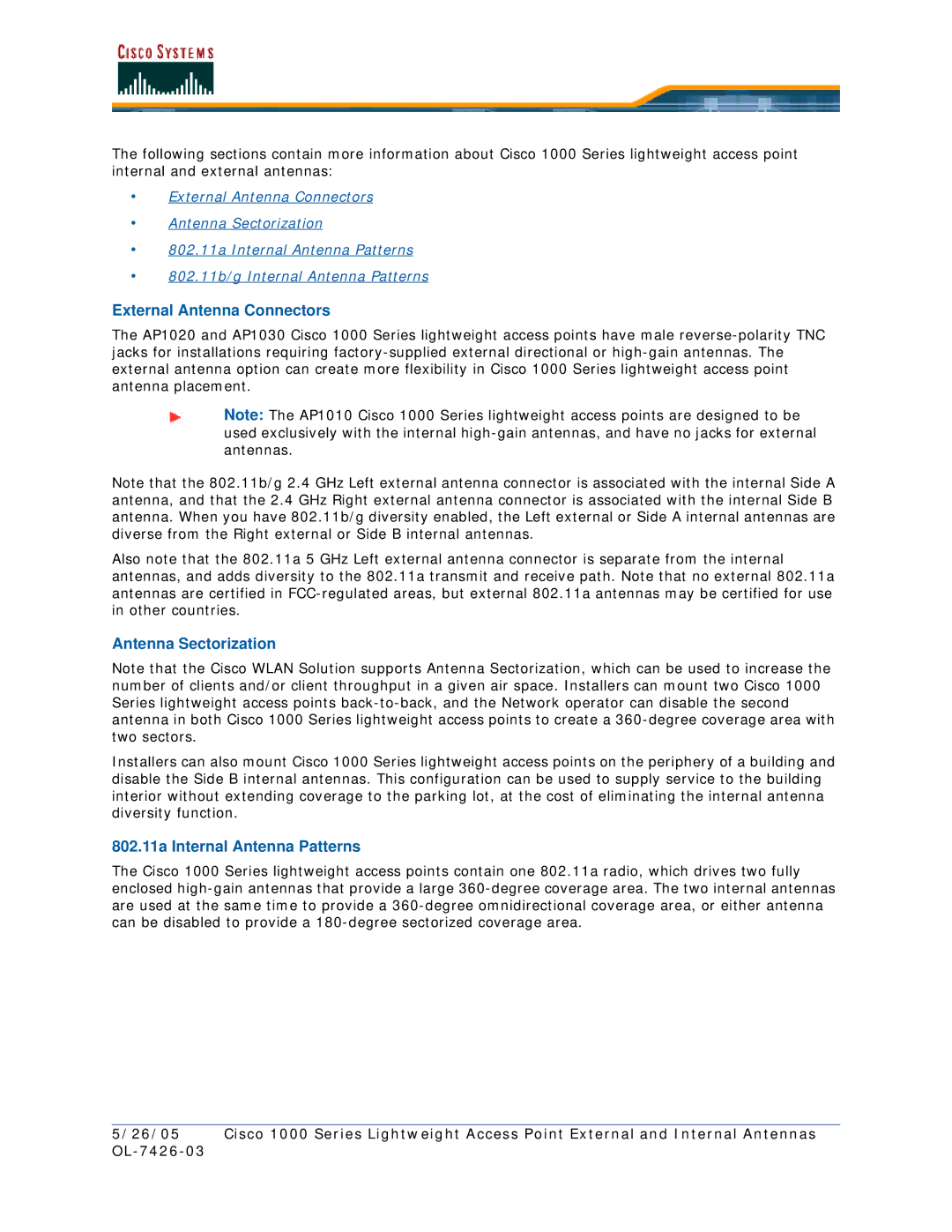 Cisco Systems OL-7426-03 quick start External Antenna Connectors, Antenna Sectorization, 802.11a Internal Antenna Patterns 