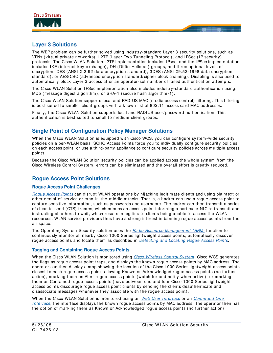 Cisco Systems OL-7426-03 quick start Layer 3 Solutions, Single Point of Configuration Policy Manager Solutions 