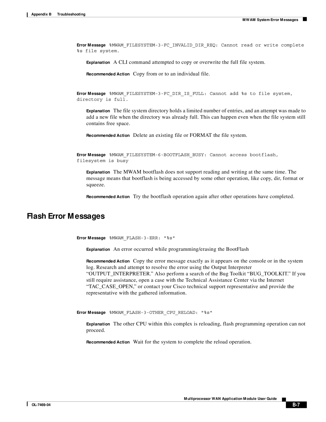 Cisco Systems OL-7469-04 appendix Flash Error Messages 