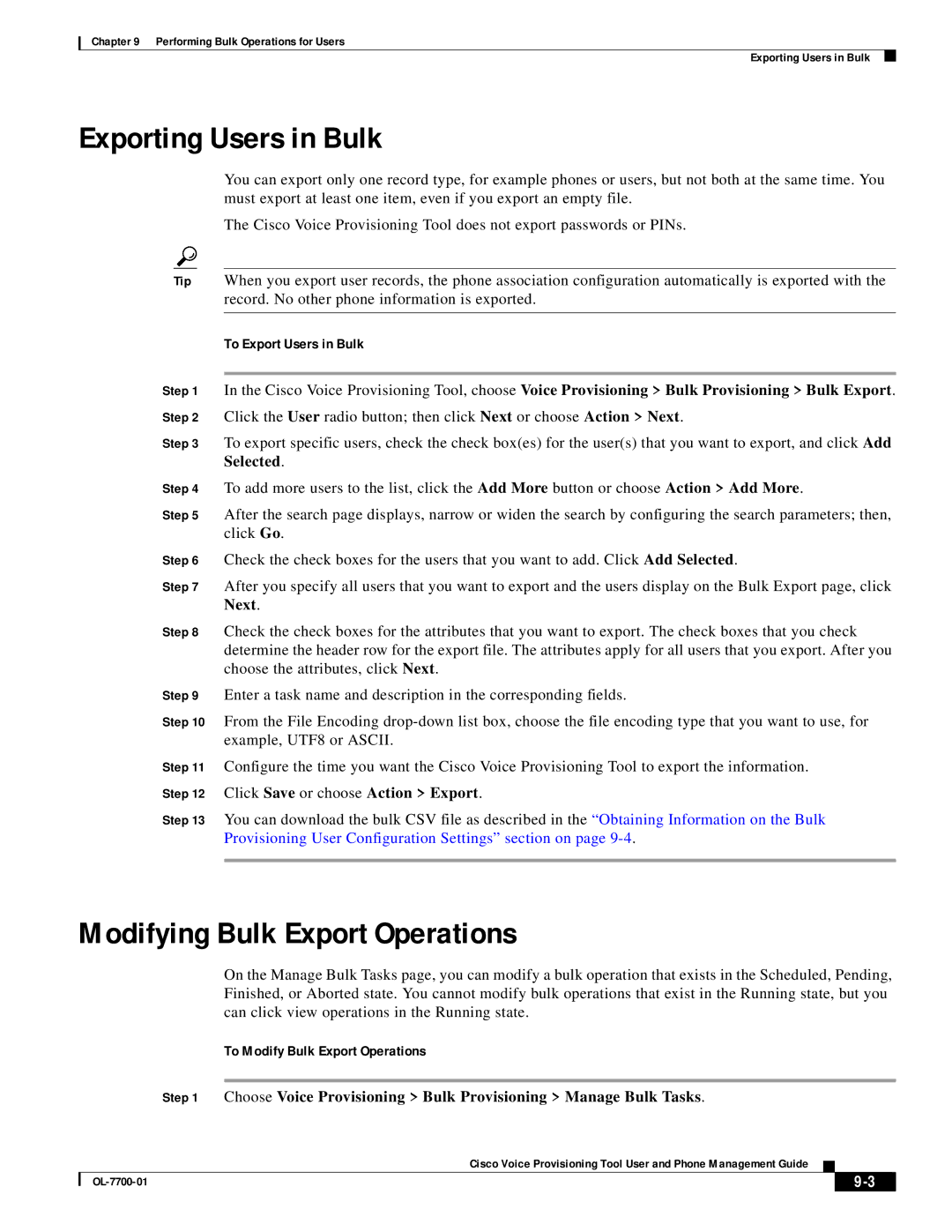 Cisco Systems OL-7700-01 manual Exporting Users in Bulk, Modifying Bulk Export Operations, To Export Users in Bulk 