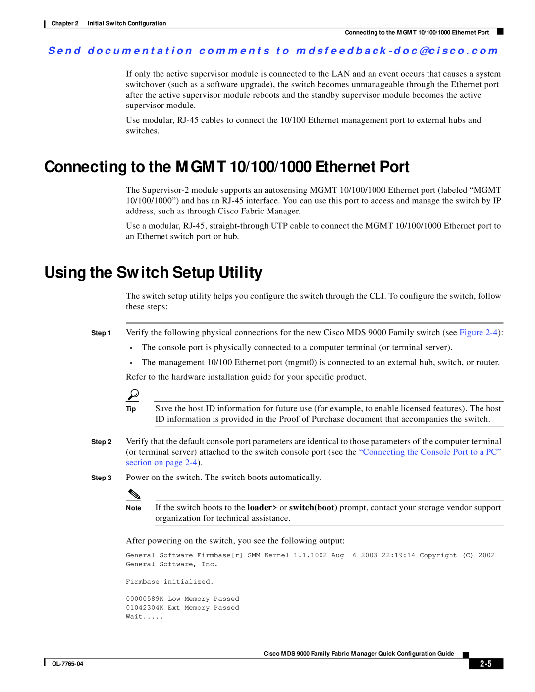 Cisco Systems OL-7765-04 manual Connecting to the MGMT 10/100/1000 Ethernet Port, Using the Switch Setup Utility 