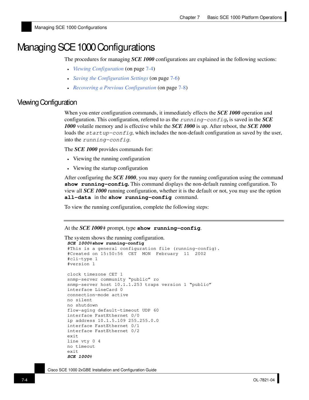 Cisco Systems OL-7821-04, SCE 1000 2xGBE manual Managing SCE 1000 Configurations, Viewing Configuration 