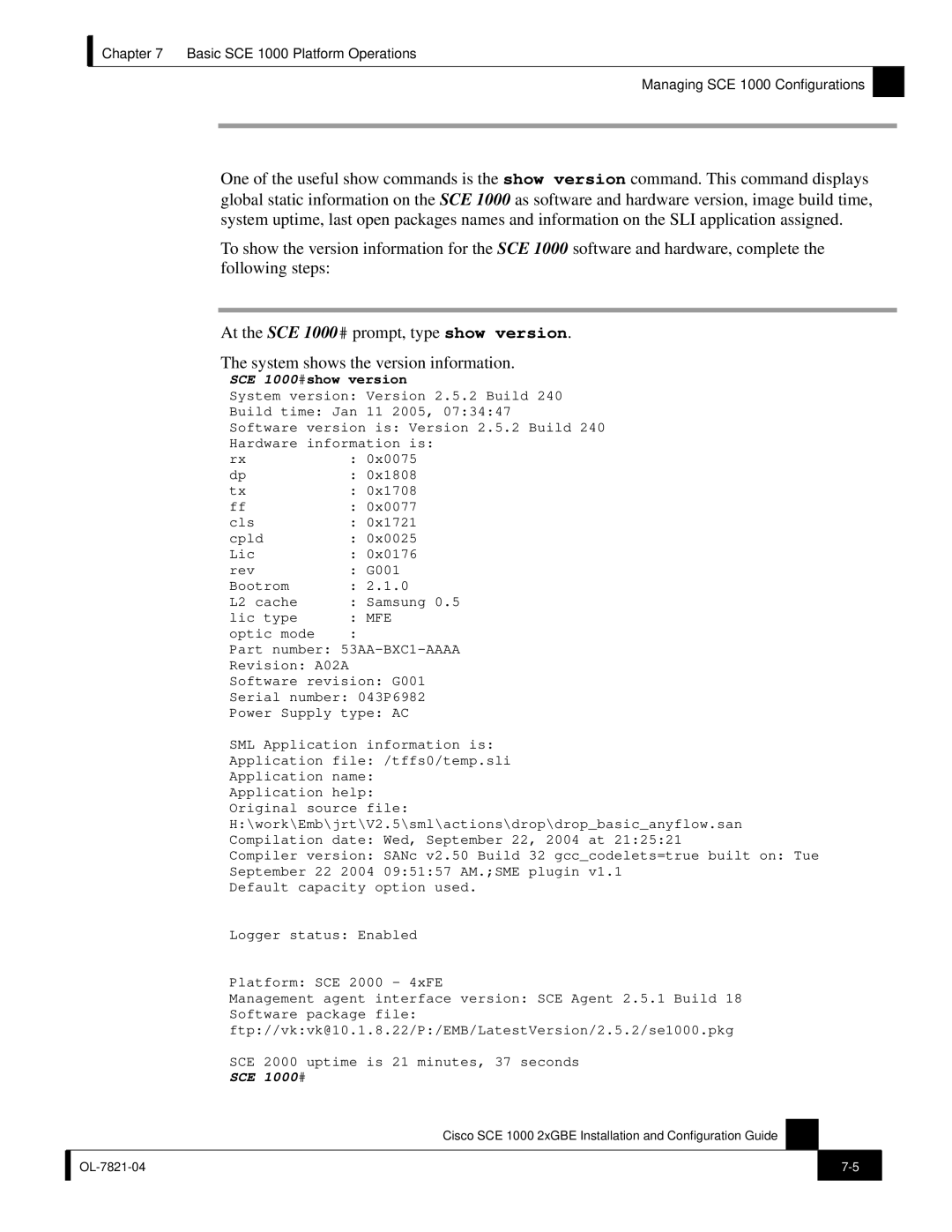 Cisco Systems SCE 1000 2xGBE, OL-7821-04 manual SCE 1000#show version 