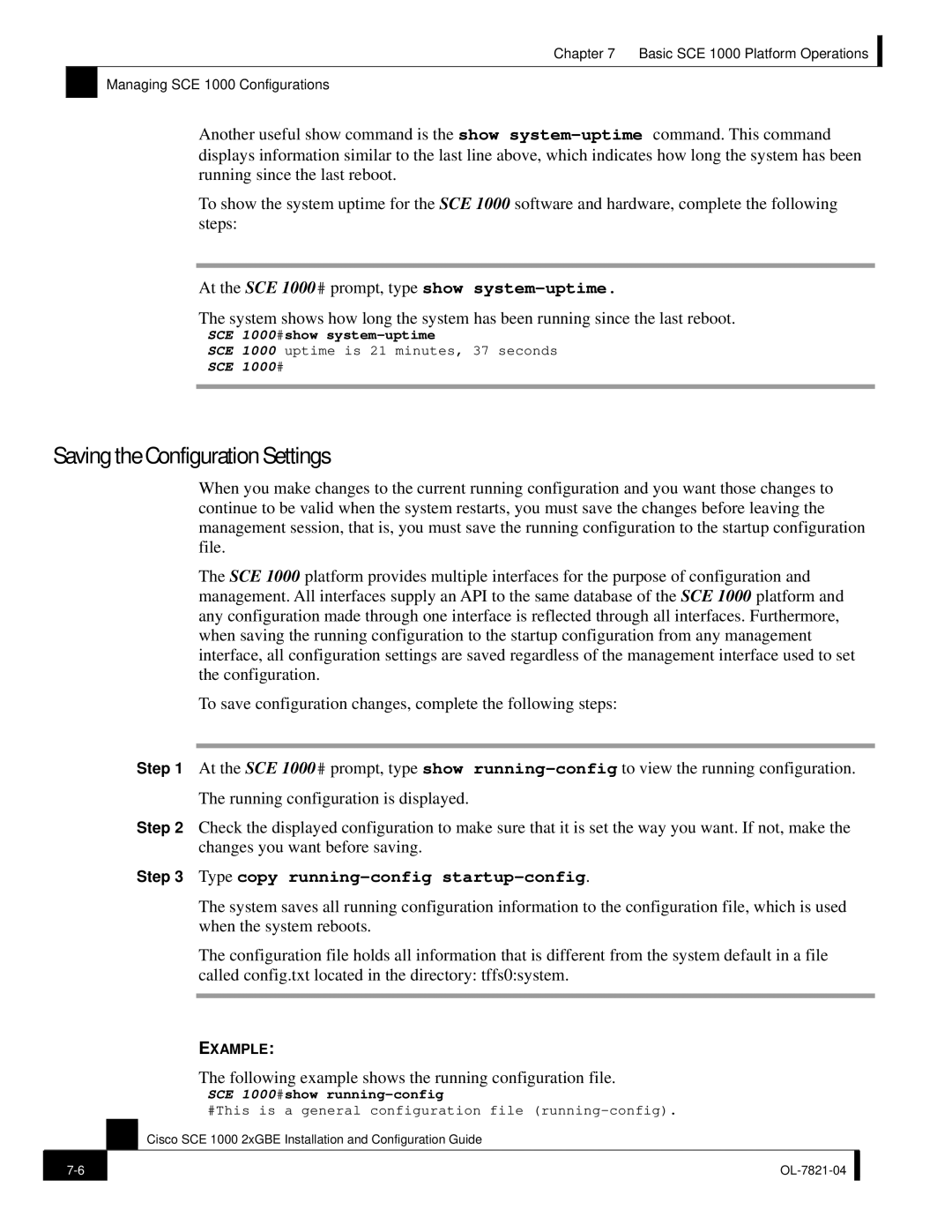 Cisco Systems OL-7821-04 manual Saving the Configuration Settings, Following example shows the running configuration file 