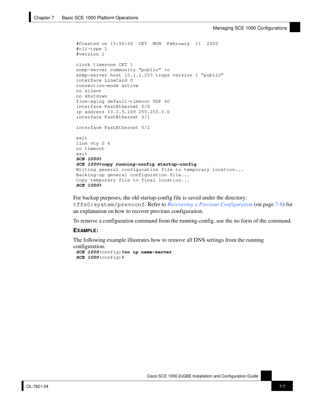 Cisco Systems SCE 1000 2xGBE, OL-7821-04 manual SCE 1000#copy running-config startup-config 