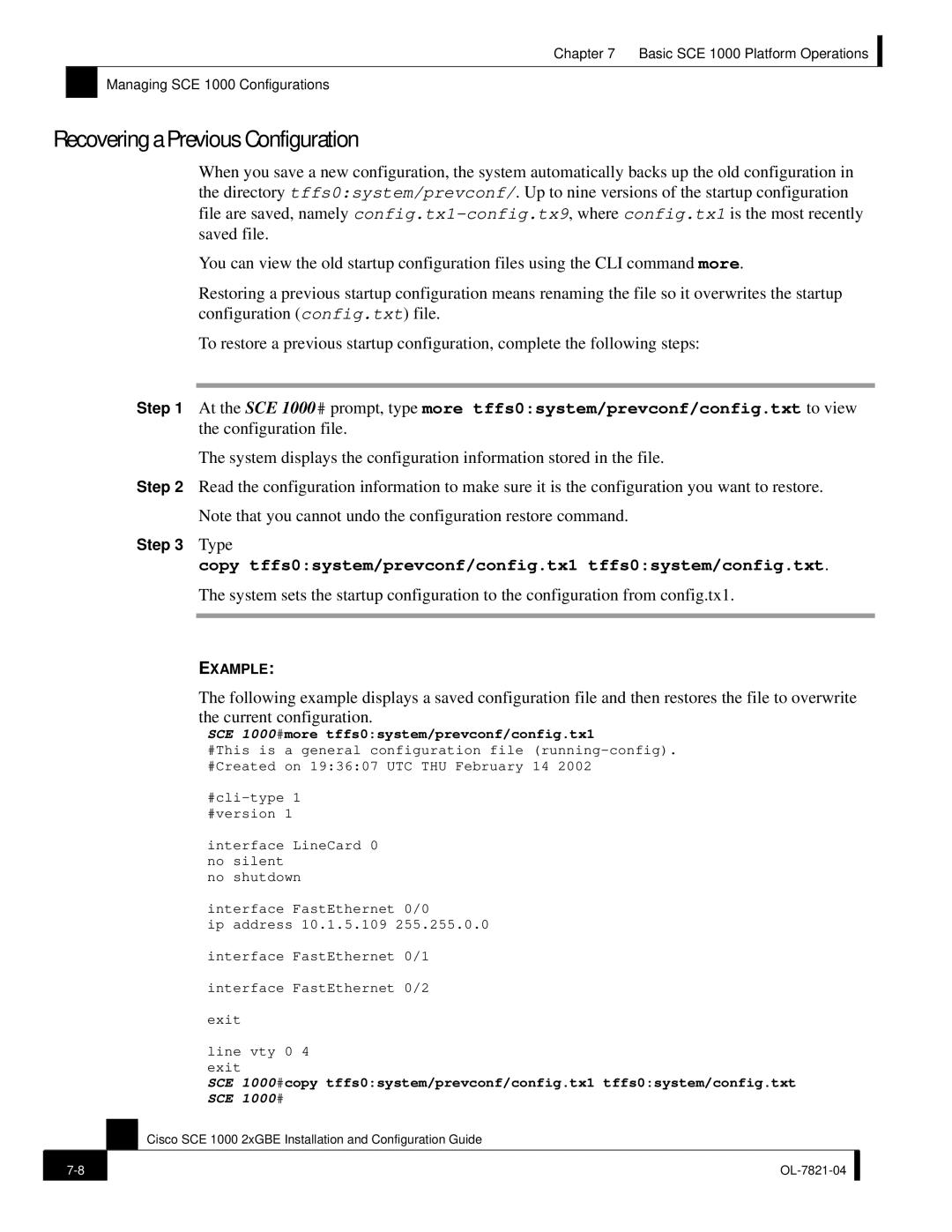 Cisco Systems OL-7821-04 Recovering a Previous Configuration, Copy tffs0system/prevconf/config.tx1 tffs0system/config.txt 