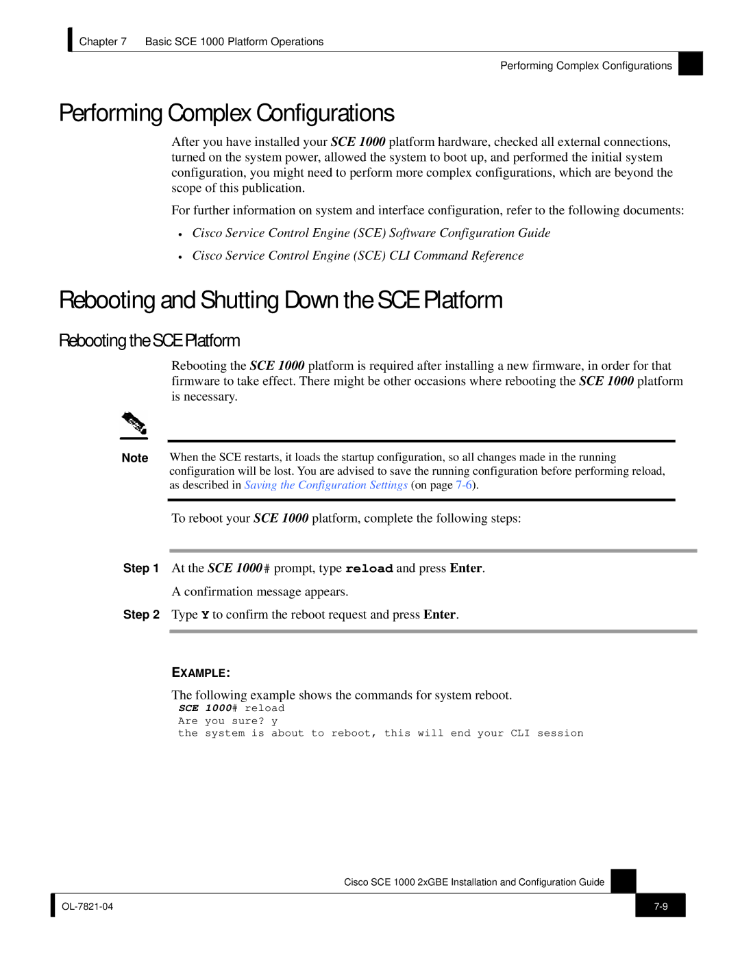 Cisco Systems SCE 1000 2xGBE, OL-7821-04 Performing Complex Configurations, Rebooting and Shutting Down the SCE Platform 