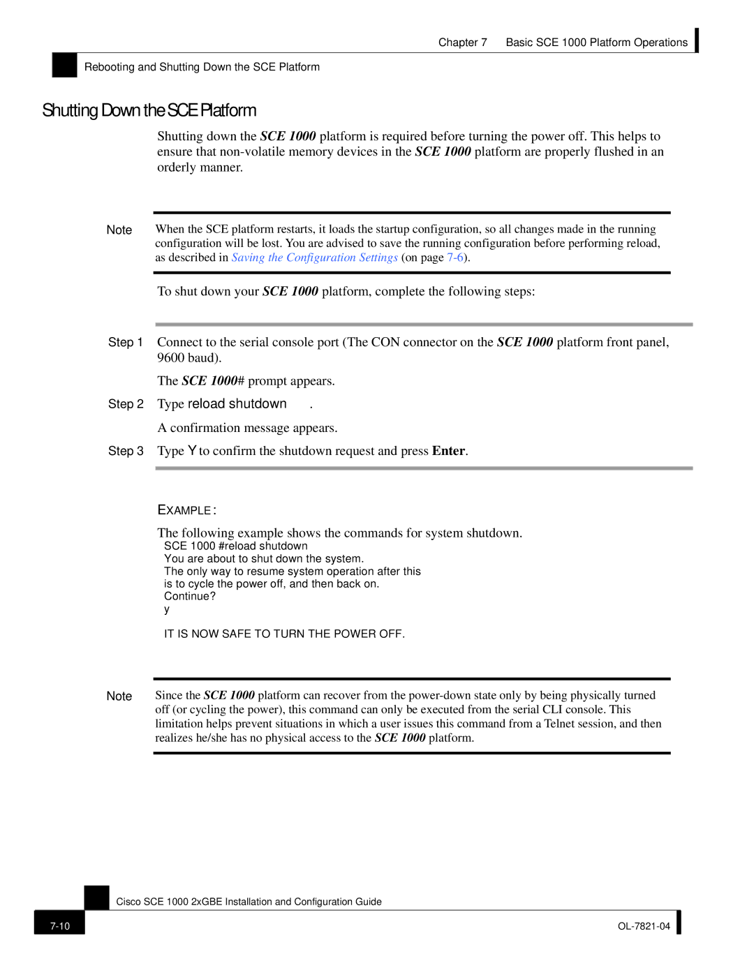 Cisco Systems OL-7821-04 manual Shutting Down the SCE Platform, Following example shows the commands for system shutdown 