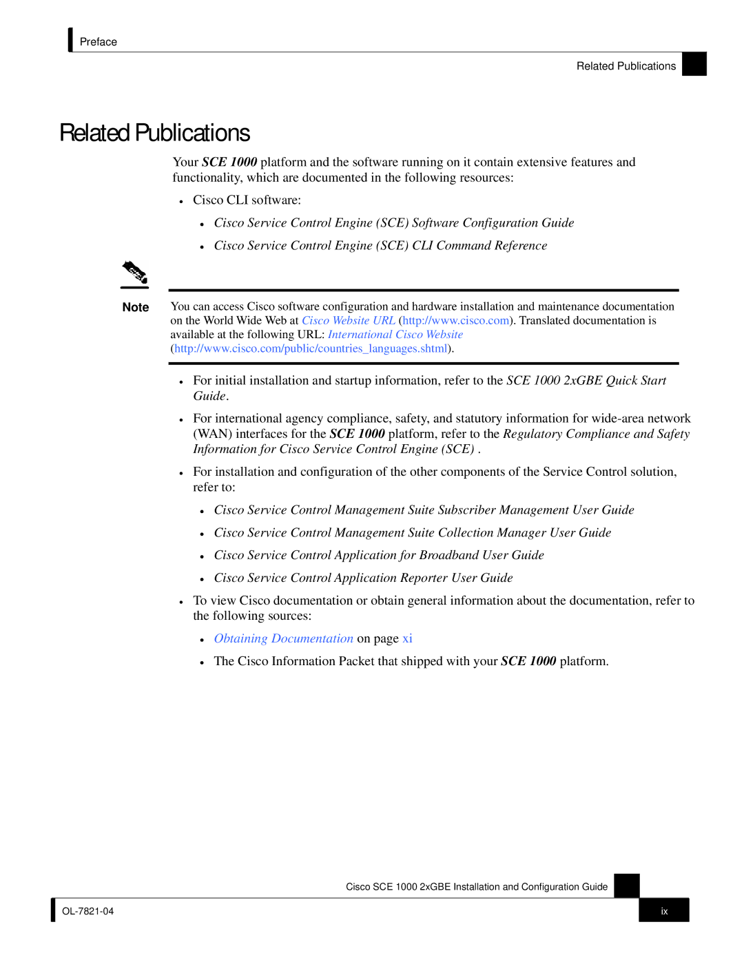 Cisco Systems SCE 1000 2xGBE, OL-7821-04 manual Related Publications, Obtaining Documentation on 