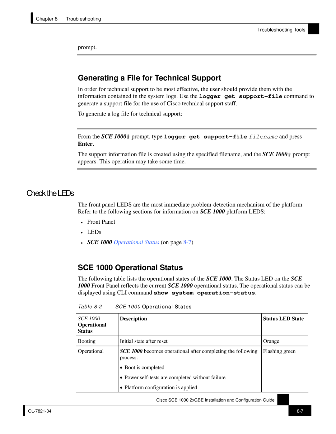 Cisco Systems SCE 1000 2xGBE Check the LEDs, Generating a File for Technical Support, SCE 1000 Operational Status, Prompt 